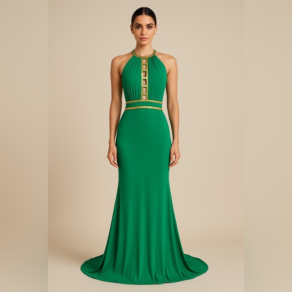 XSCAPE Green & Gold Formal Halter Gown - Picture 2 of 10